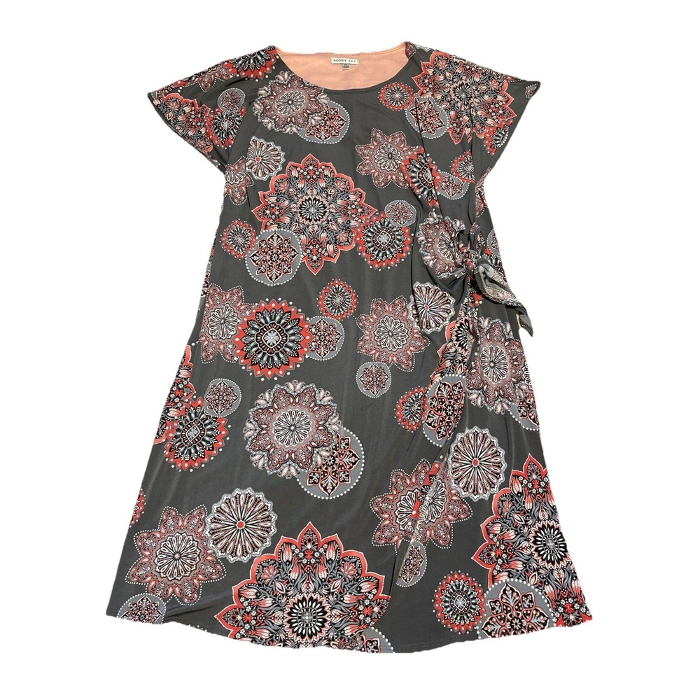 Robbie Bee size 2X Gray Red Floral Geometric Stretch Tie Front Midi Dress